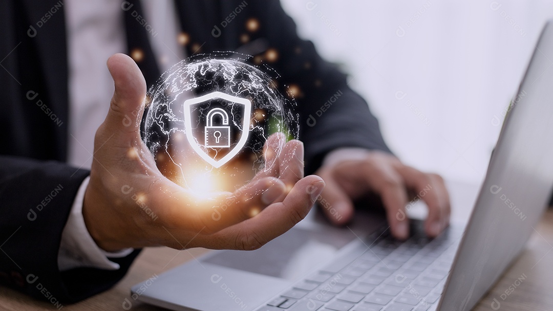 Internet de segurança cibernética e conceito de rede. Mão de empresário