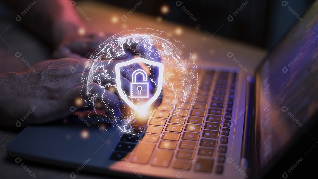 Internet de segurança cibernética e conceito de rede. Mão de empresário