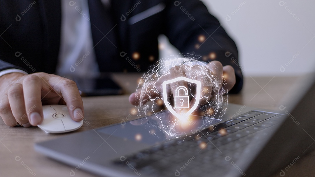 Internet de segurança cibernética e conceito de rede. Mão de empresário