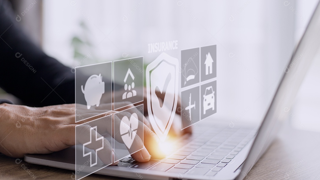 conceito de seguro na tela azul virtual com ícones