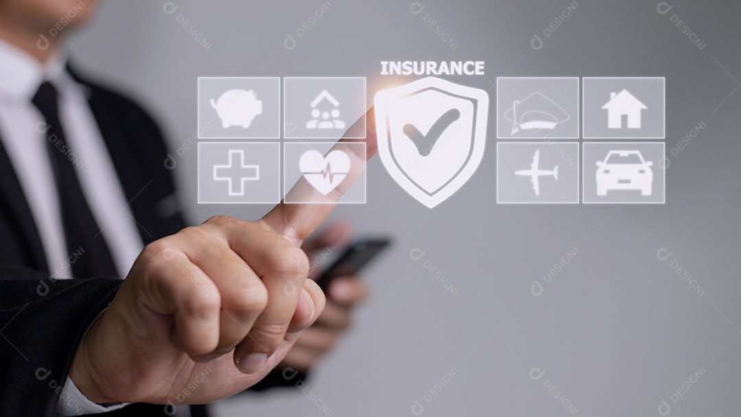 conceito de seguro na tela azul virtual com ícones