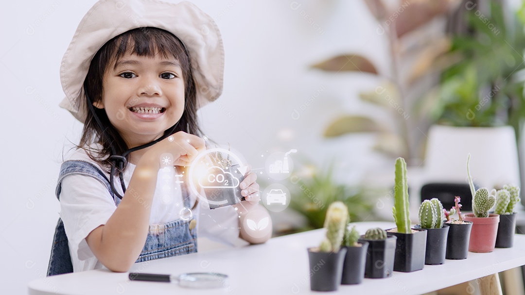Menina assistindo uma planta. Conceito de tecnologia ambiental.