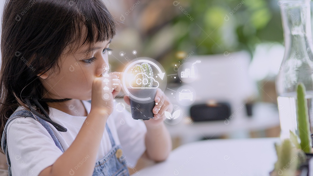 Menina assistindo uma planta. Conceito de tecnologia ambiental.