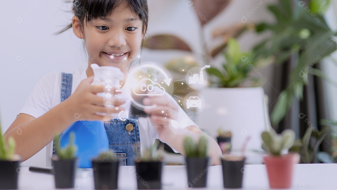 Menina assistindo uma planta. Conceito de tecnologia ambiental.