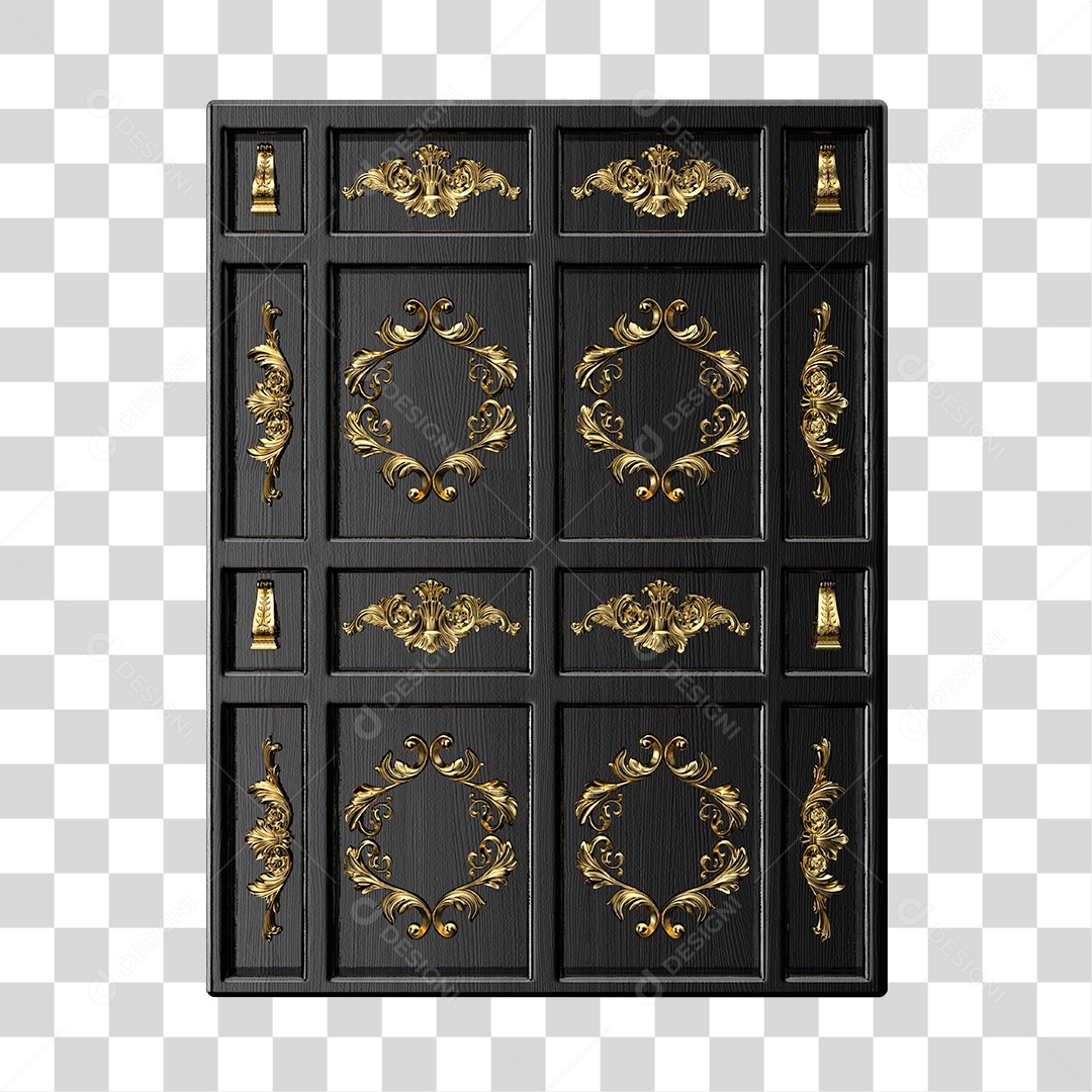 Porta de Madeira Preto Com Formas Dourada Elemento 3D PNG Transparente