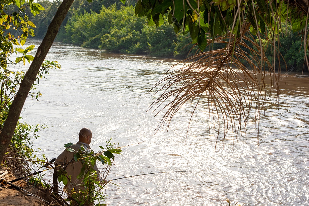 Mato grosso do sul / brasil - pescador, pescando no rio aquidauana no pantanal