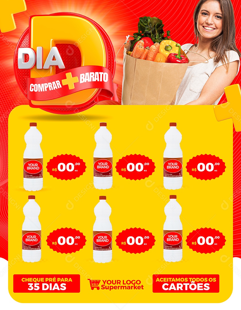 Encarte Dia de Ofertas Aqui você economizar Supermercado Social Media PSD Editável