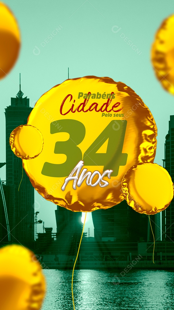 Parabéns Cidade 34 Anos Aniversário Social Media PSD Editável