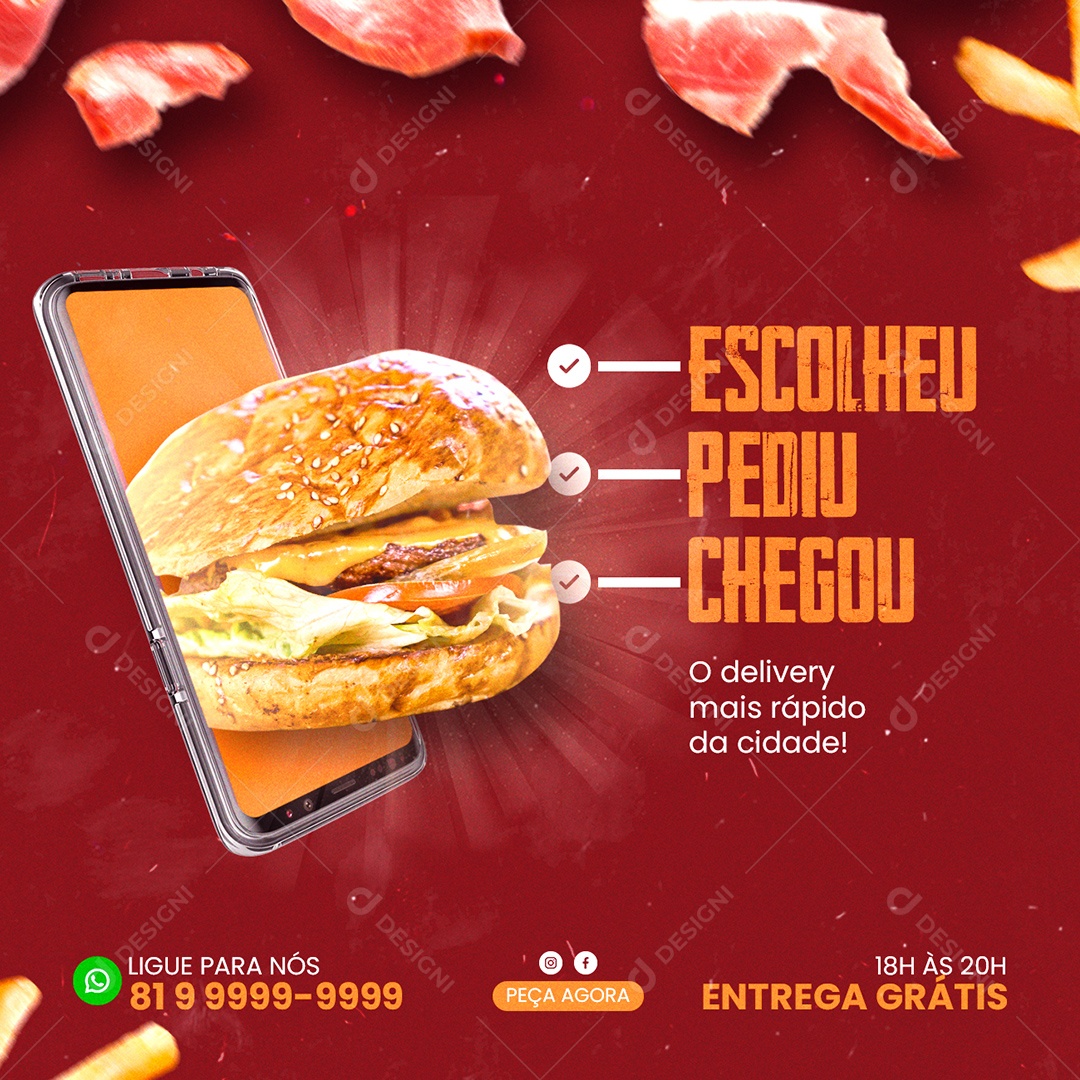 Escolheu pediu chegou o delivery mais rápido da cidade Hambúrgueria Social Media PSD Editável