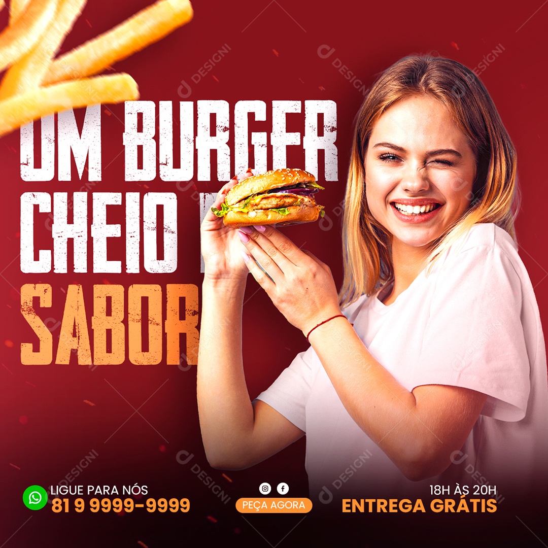 Um burger cheio de sabor Hambúrgueria Social Media PSD Editável