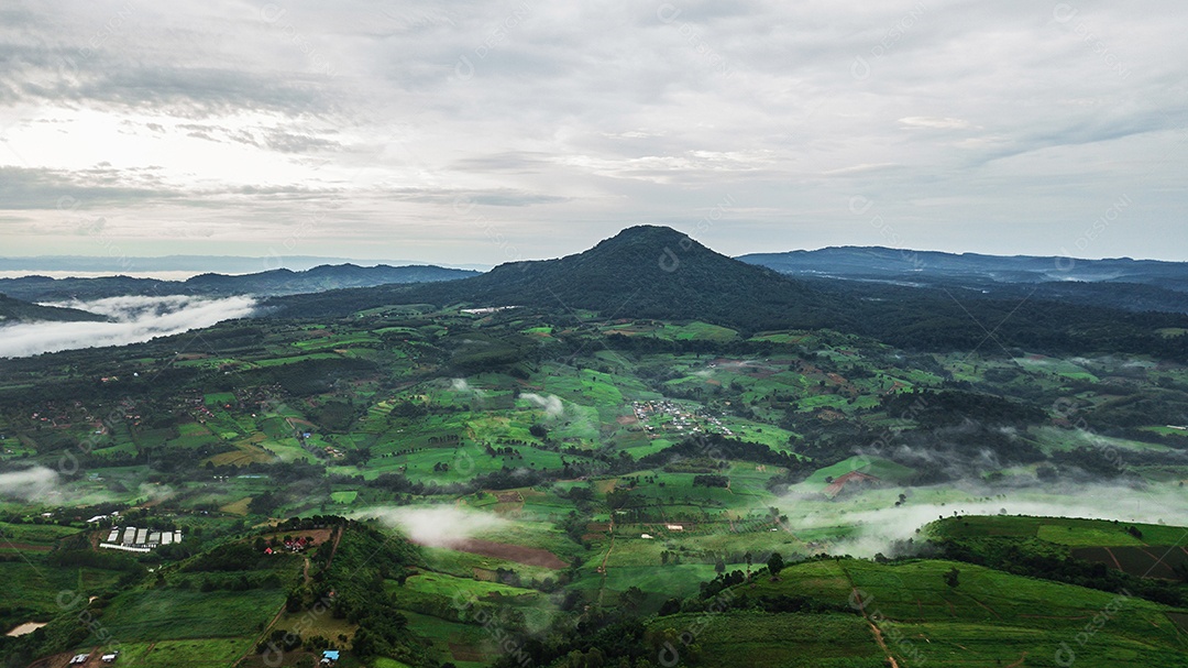 Montanhas com árvores e nevoeiro.