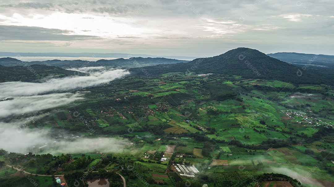 Montanhas com árvores e nevoeiro.