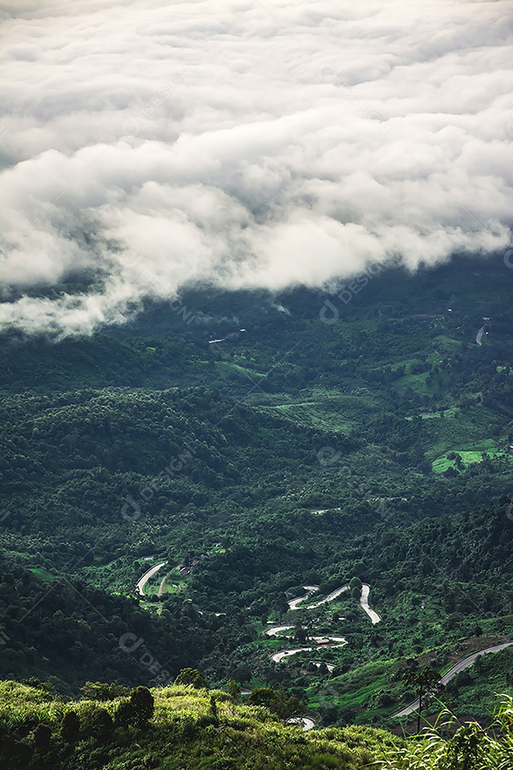 Névoa da manhã com montanha, mar de mis.