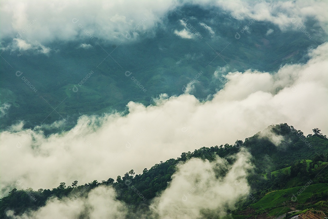 Névoa da manhã com montanha, mar de mis.