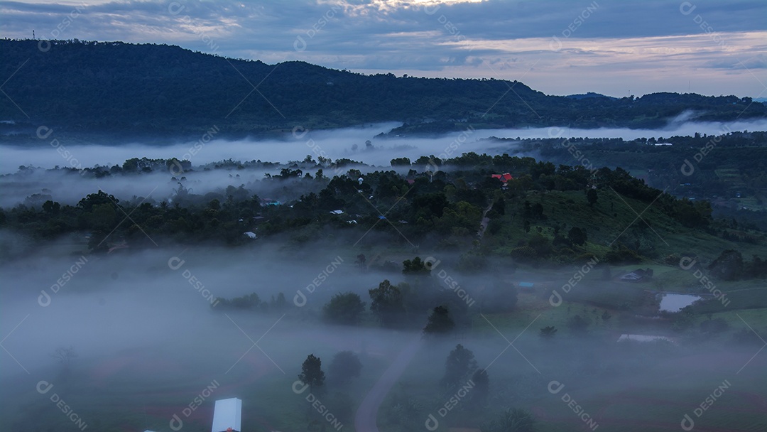 Montanhas com árvores e nevoeiro.
