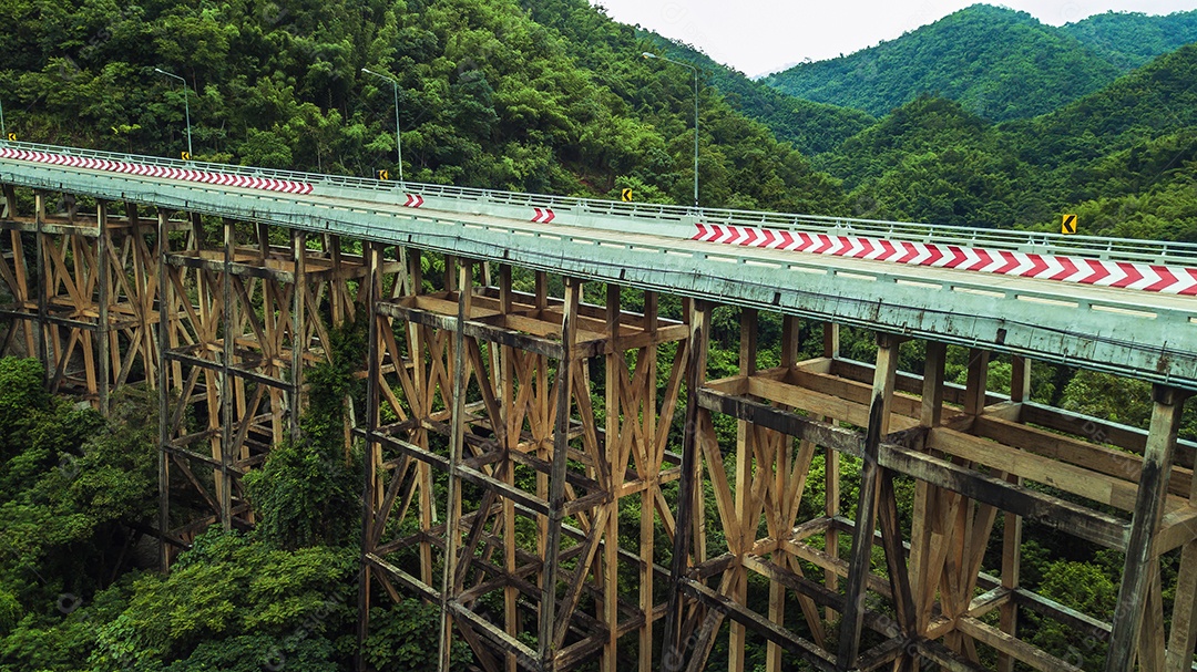 Vista aérea da estrada ou ponte está no meio de uma floresta.