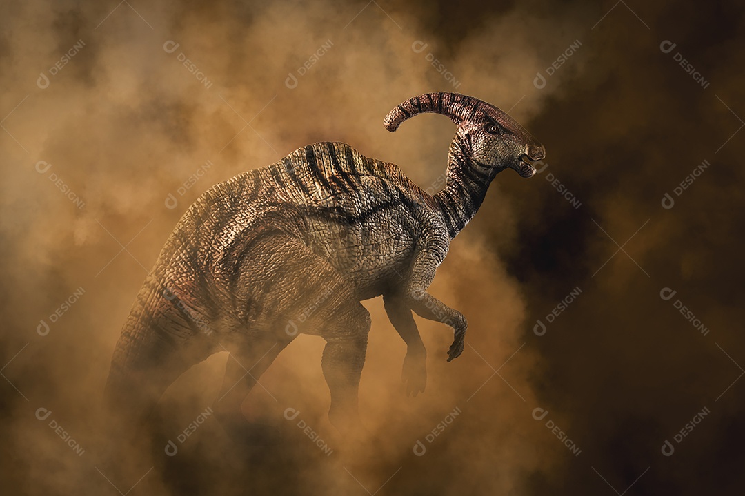 Dinossauro Parasaurolophus em fundo de fumaça