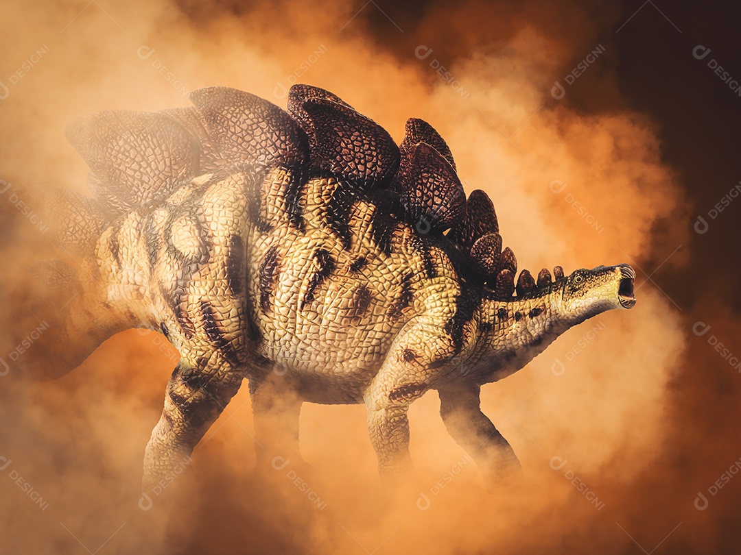 Dinossauro Stegosaurus em fundo de fumaça