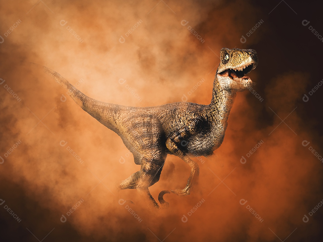 Dinossauro Velociraptor em fundo de fumaça