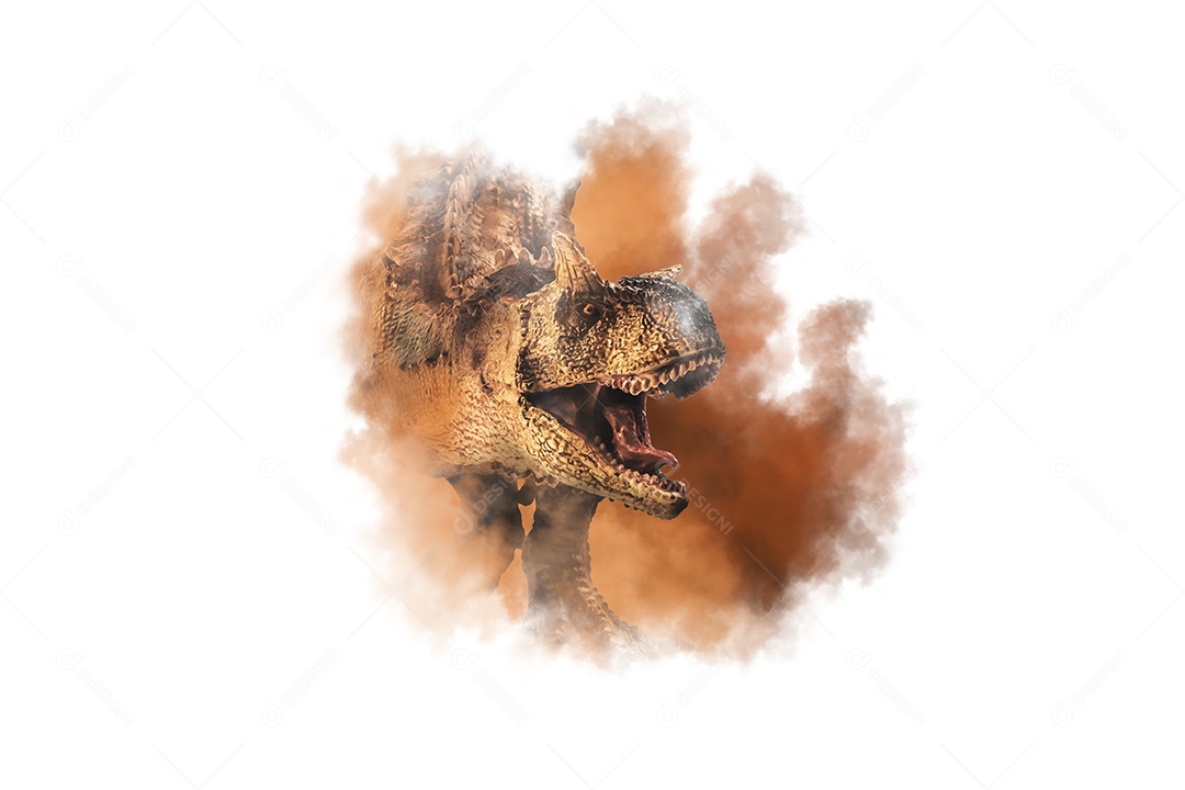 Dinossauro Carnotaurus em fundo de fumaça