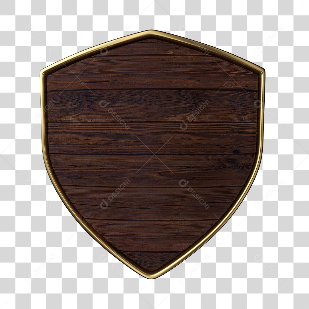 Brasão de Madeira Cor Marrom Com Bordas Dourada Elemento 3D PNG