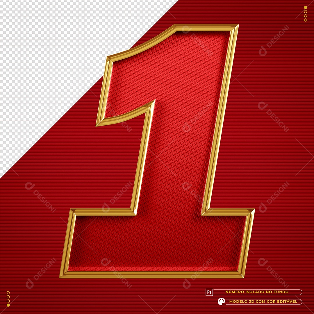 Número 3D 1 texturizado dourado e vermelho Elemento para composição PSD