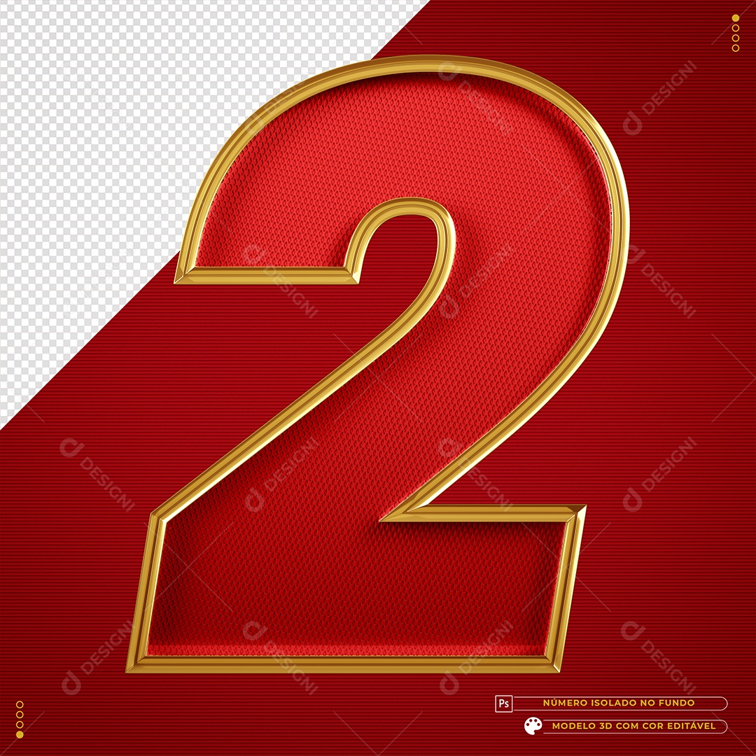 Número 3D 2 texturizado dourado e vermelho Elemento para composição PSD