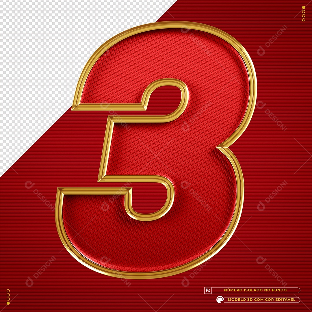 Número 3D 3 texturizado dourado e vermelho Elemento para composição PSD
