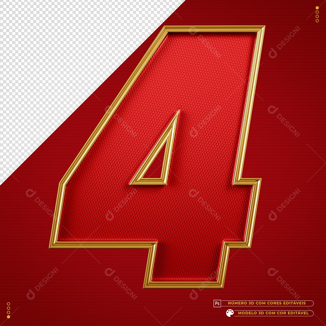 Número 3D 4 texturizado dourado e vermelho Elemento para composição PSD