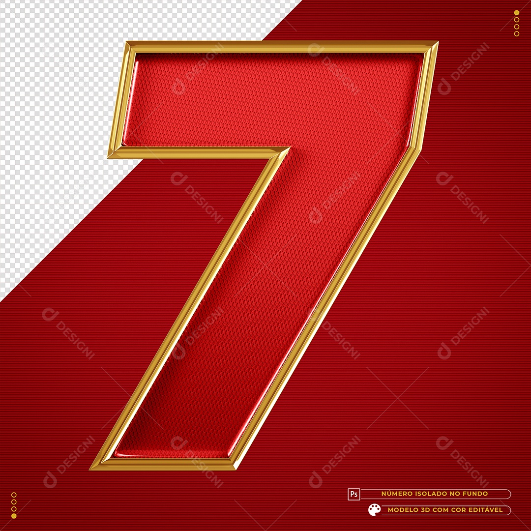 Número 3D 7 texturizado dourado e vermelho Elemento para composição PSD