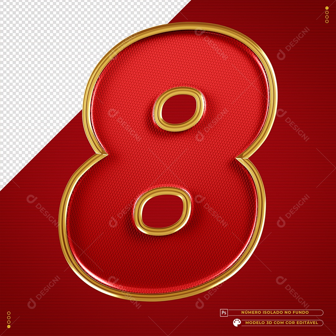 Número 3D 8 texturizado dourado e vermelho Elemento para composição PSD