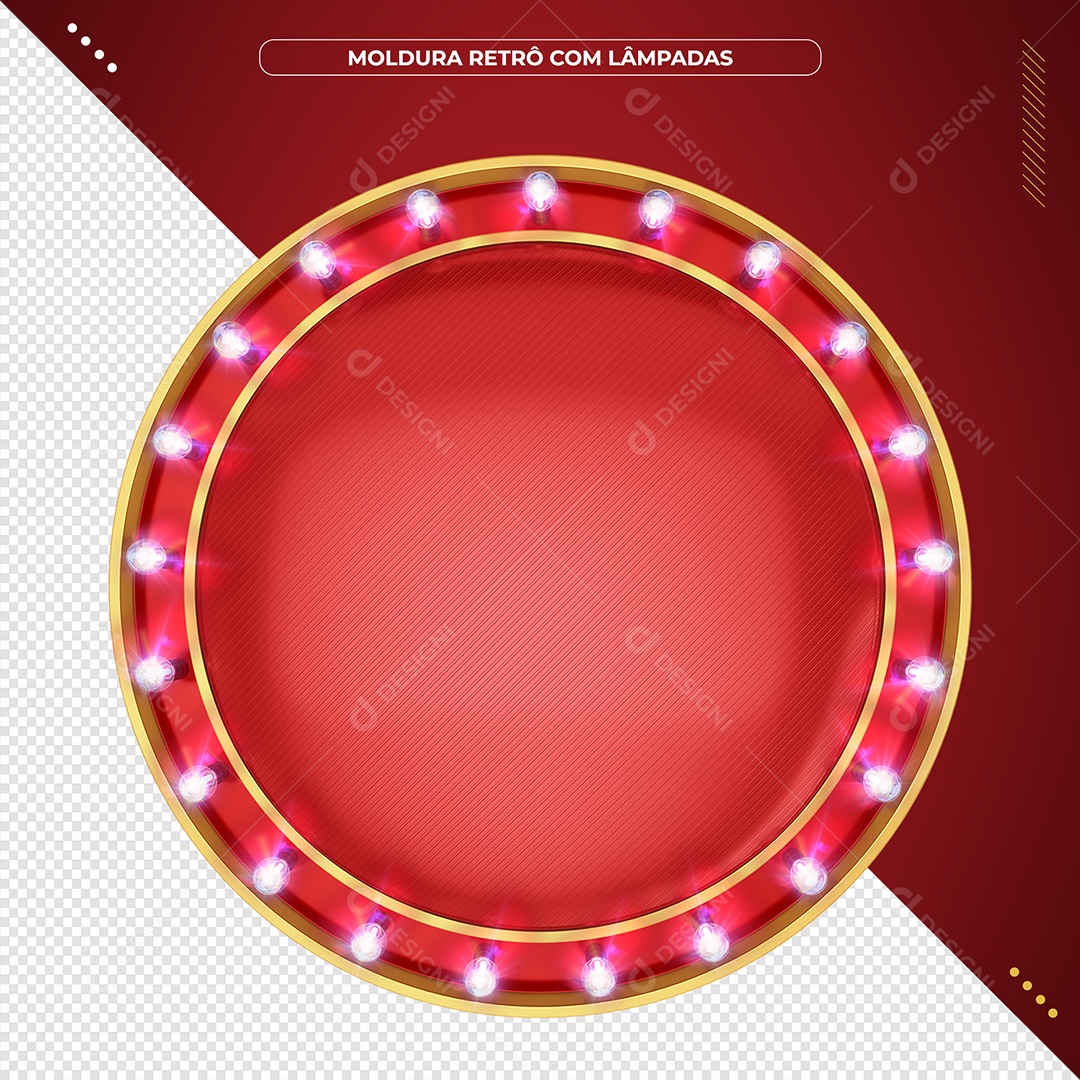 Moldura redonda retrô 3D Vermelho com lâmpadas Led realista Elemento para Composição PSD