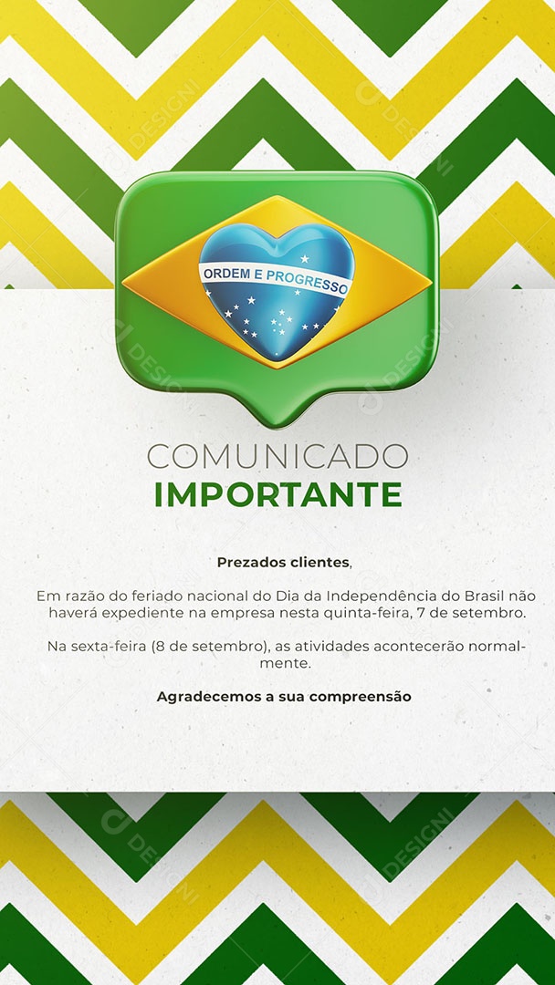 Story Comunicado Importante Dia da Independência do Brasil 07 de Setembro Social Media PSD Editável