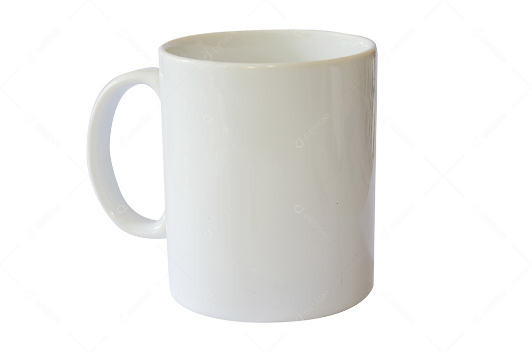Alça direita da caneca branca no fundo branco.