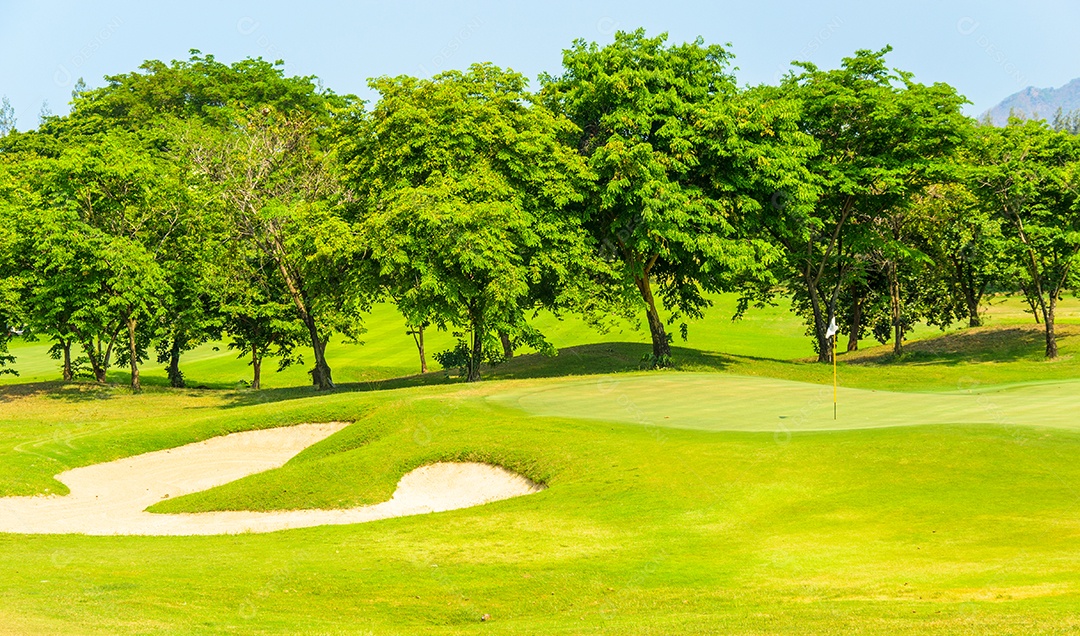 Grama verde com um pequeno poço de areia.
