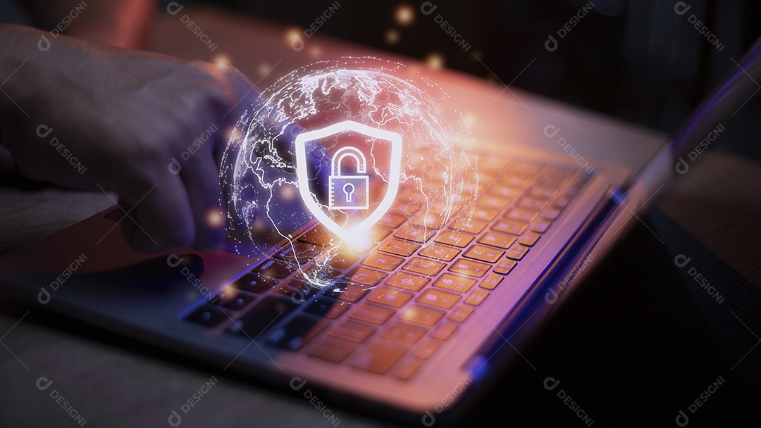 Internet de segurança cibernética e conceito de rede. Mão de empresário