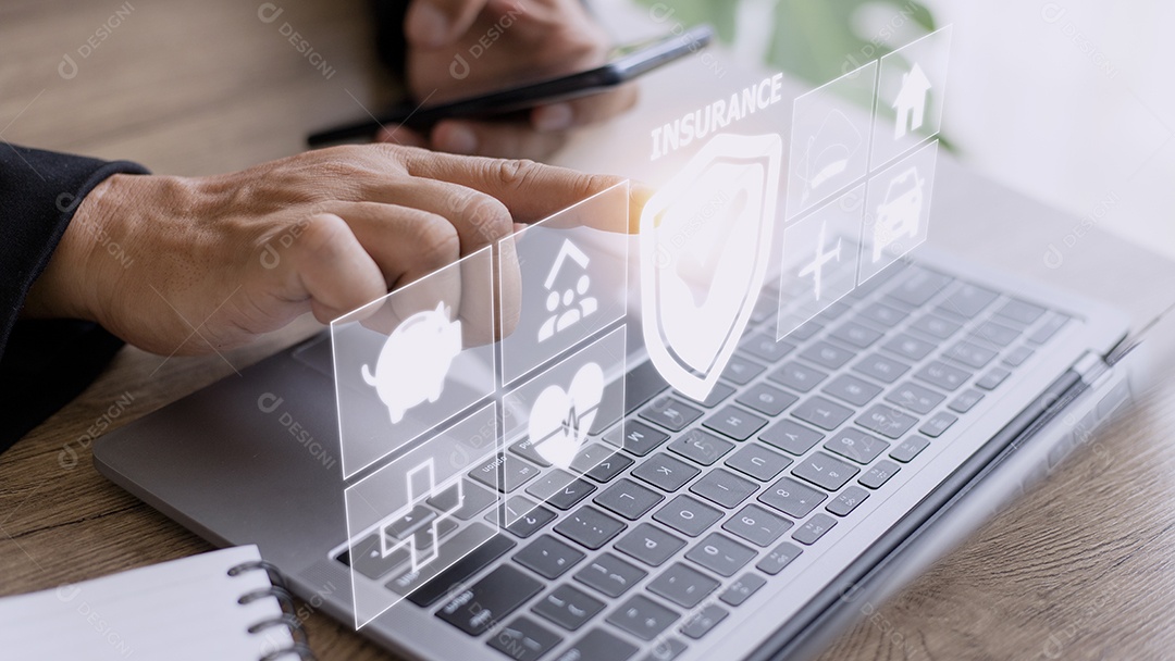 conceito de seguro na tela azul virtual com ícones