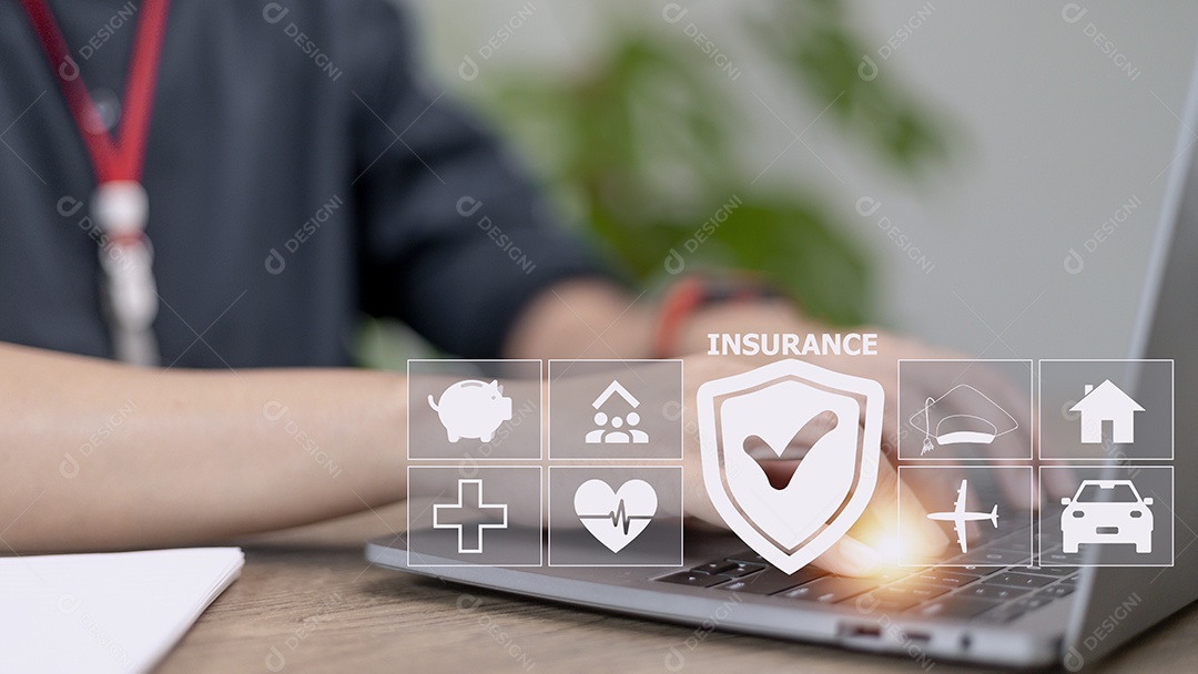 conceito de seguro na tela azul virtual com ícones