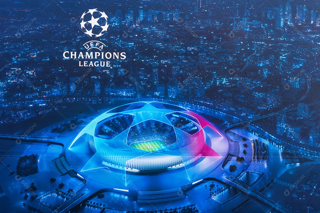 Vista do cartaz na parede do estádio do Dragão no Porto, anunciando a final da Liga dados Campeões da UEFA 2021 neste estádio.