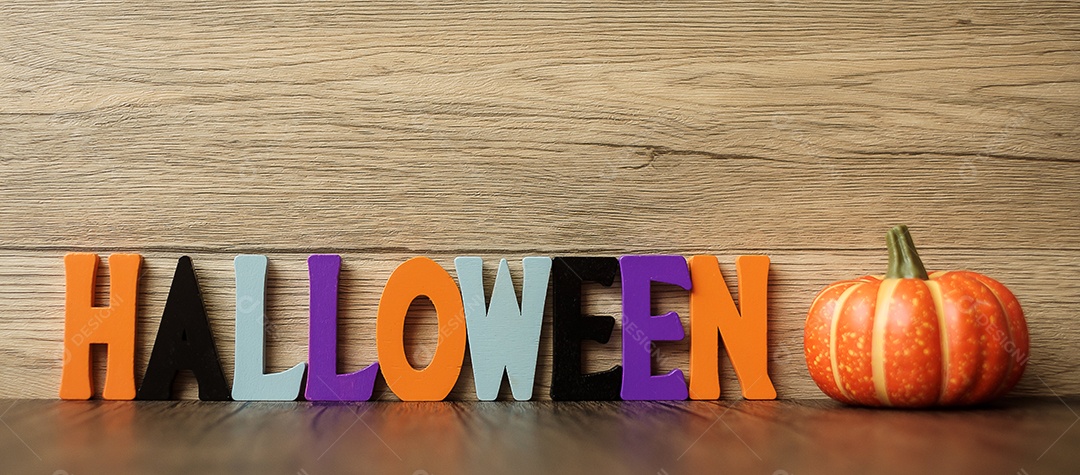 Feliz dia de Halloween com fantasma, abóbora, tigela e decorativo