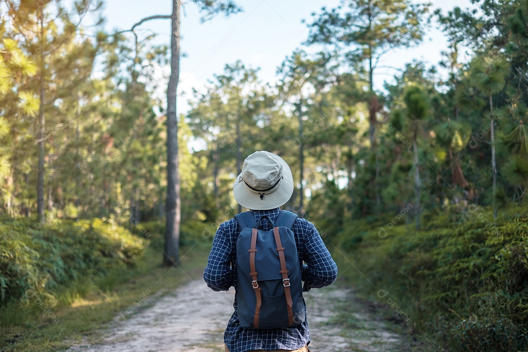 Jovem com mochila e chapéu caminhando nas montanhas durante o verão