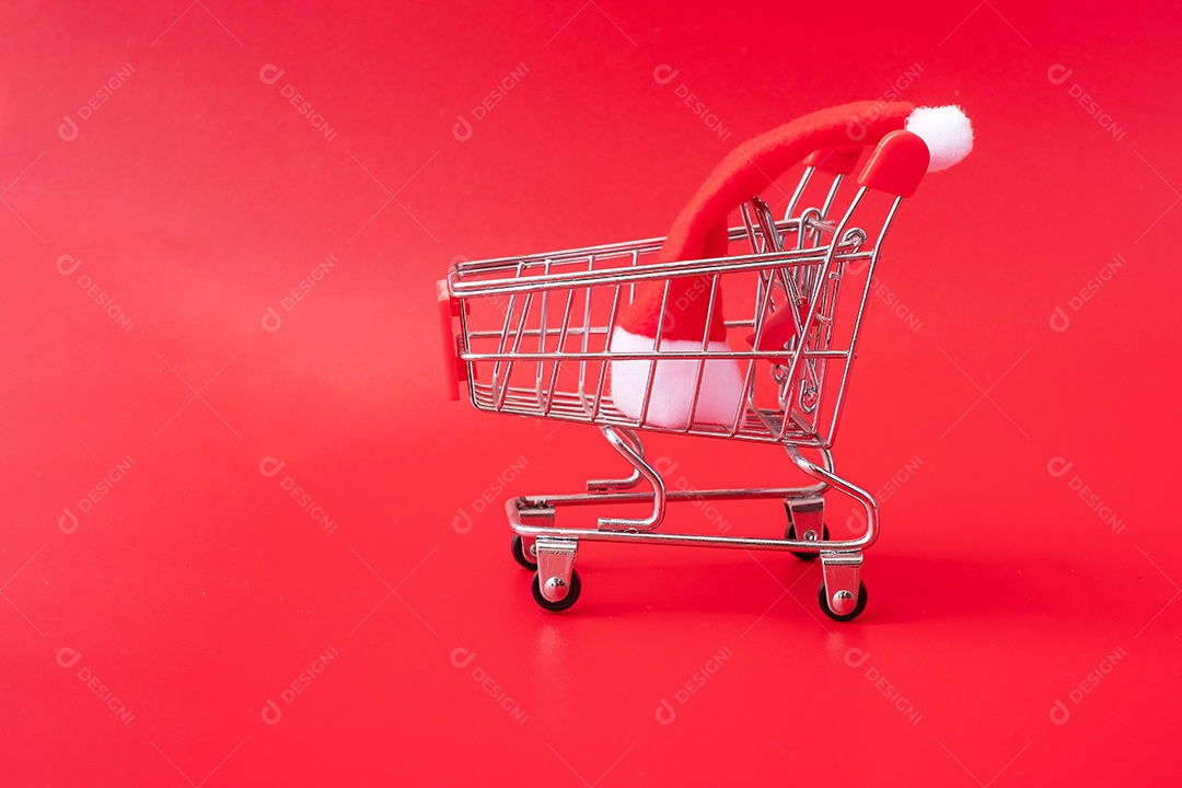 Feliz Natal com Papai Noel diminuto, carrinho de compras