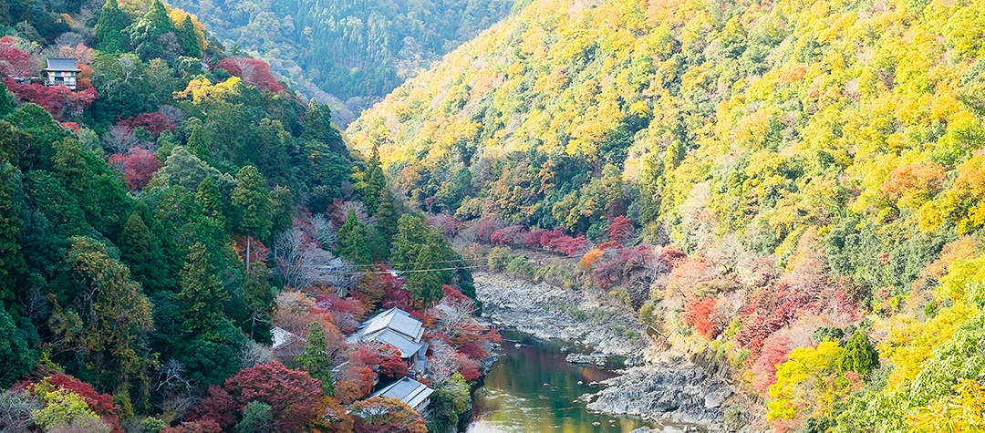 montanhas de folhas coloridas e rio Katsura em Arashiyama, terras