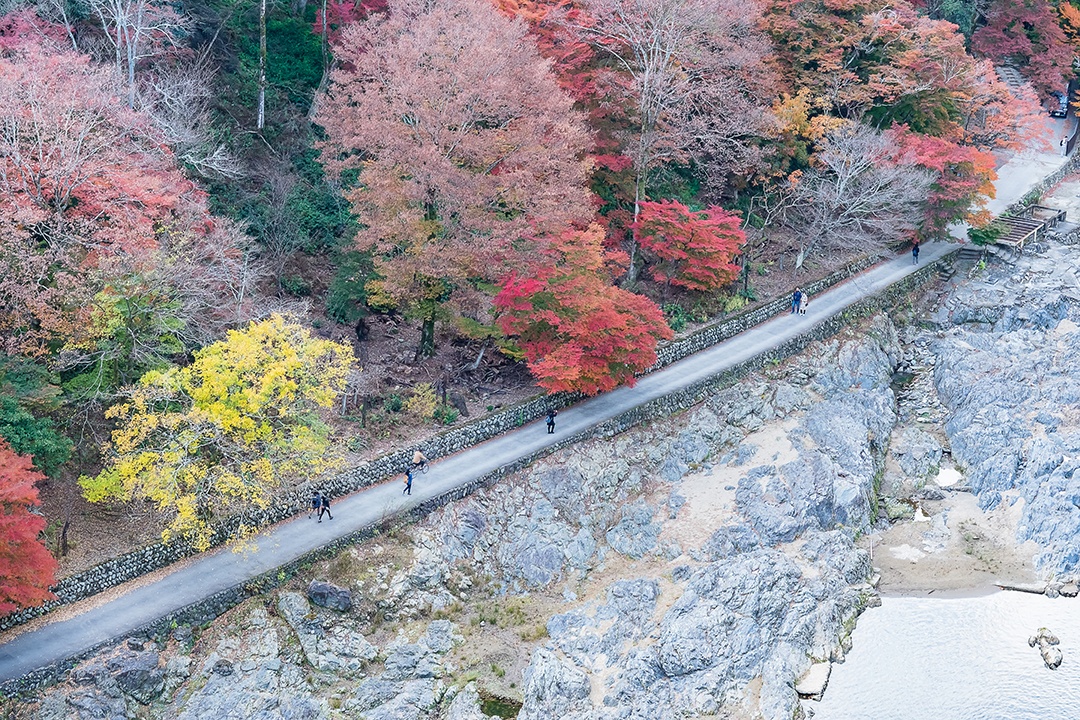 Colorful leaf mountains and Katsura river in Arashiyama, tourist spot and popular for tourist attractions in Kyoto, Japan. Autumn season, vacation, vacation and tourism concept