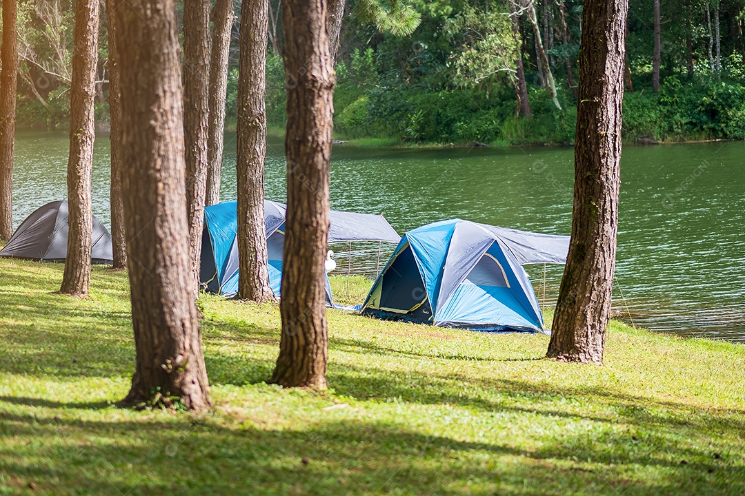 Acampar sob a floresta de pinheiros, tenda azul perto do lago em Pang Oung, Mae Hong Son, Tailândia. conceito de viagens, viagens e férias