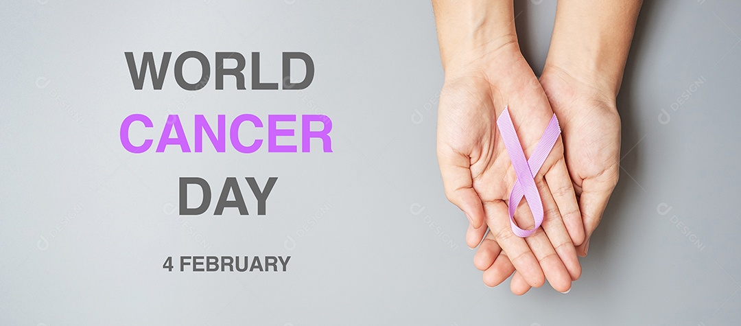 World Cancer Day (February 4). Woman hand hoy purple lavender ribbon to support people living and illness. Health care and medical concept
