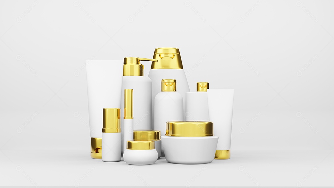 Renderização 3D de pacote de garrafa de cor branca e dourada