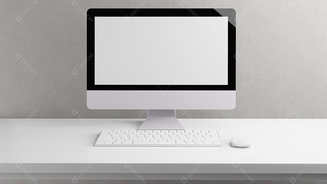 Computador desktop de tela em branco na sala de escritório mínima com decoração