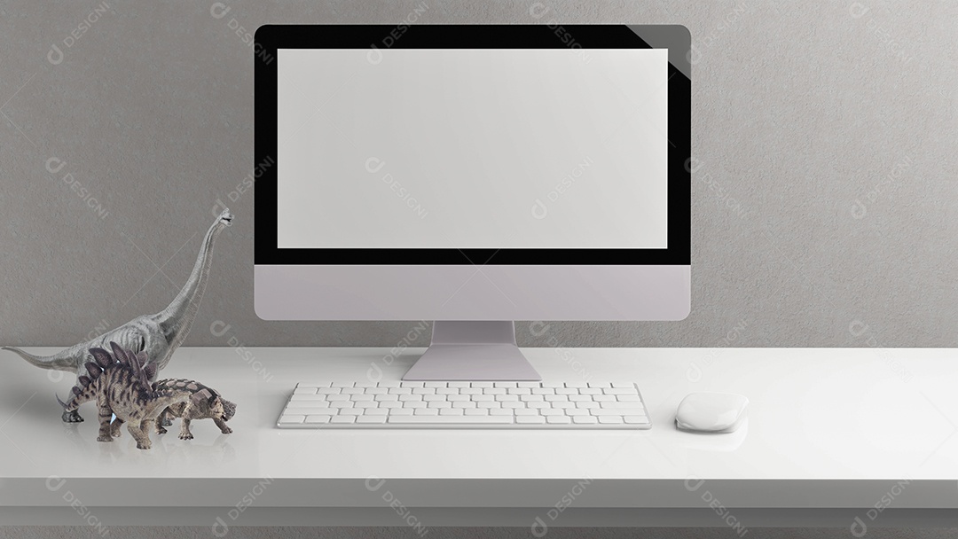 Computador desktop de tela em branco na sala de escritório mínima com decoração