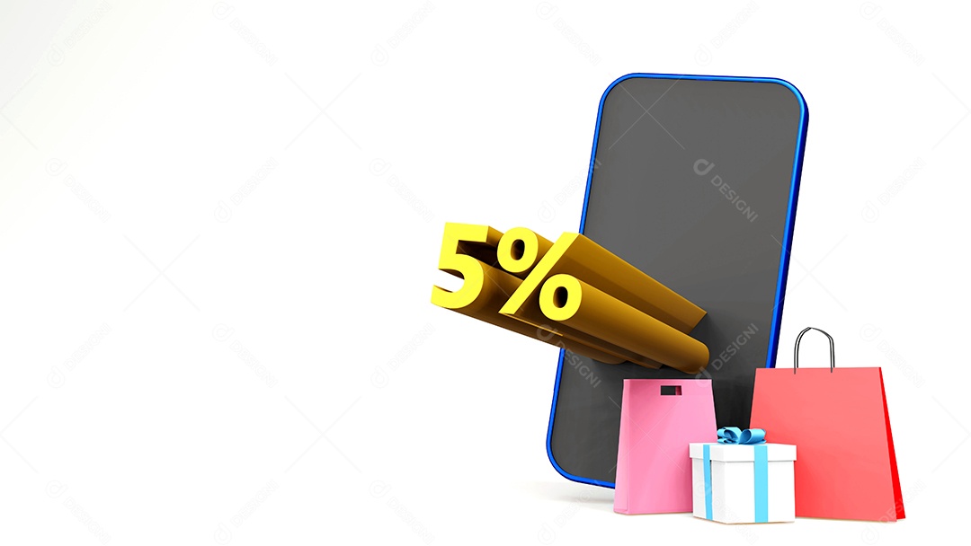 Símbolo de 5% com saco de compras e smartphone, fundo isolado de renderização 3D